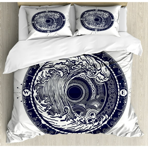 Compass Duvet Cover Set, Sea Navigation with a Drawing of Tempest Inside Big Wave Adventure Journey, Decorative 3 Piece Bedding Set with 2 Pillow Shams, Calking Size, Night Blue White, by Ambesonne