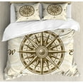 thumbnail image 1 of Compass Duvet Cover Set, Sun Motif Backdrop with Windrose Directions East West North South Navigation, Decorative 3 Piece Bedding Set with 2 Pillow Shams, Calking Size, Olive Green Beige, by Ambesonne, 1 of 3