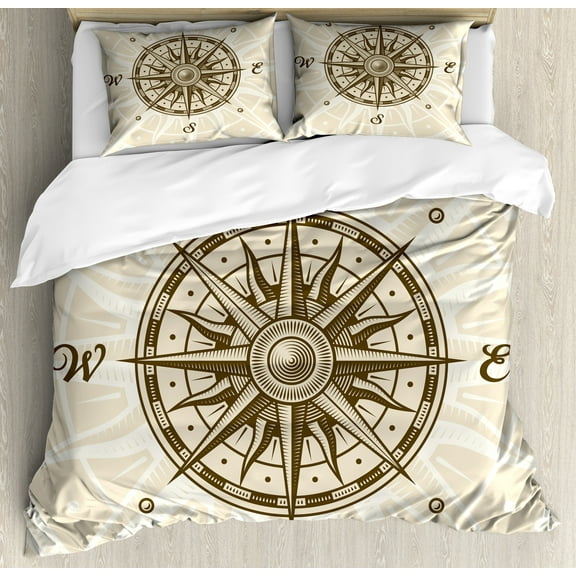 Compass Duvet Cover Set, Sun Motif Backdrop with Windrose Directions East West North South Navigation, Decorative 3 Piece Bedding Set with 2 Pillow Shams, Calking Size, Olive Green Beige, by Ambesonne