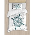 thumbnail image 1 of Compass Duvet Cover Set Twin Size, Hand Drawn Compass with Floral Arrangement Design Compass Boating Theme Print, Decorative 2 Piece Bedding Set with 1 Pillow Sham, Cream Dark Green, by Ambesonne, 1 of 3