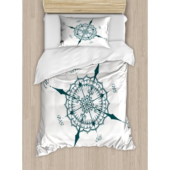 Compass Duvet Cover Set Twin Size, Hand Drawn Compass with Floral Arrangement Design Compass Boating Theme Print, Decorative 2 Piece Bedding Set with 1 Pillow Sham, Cream Dark Green, by Ambesonne