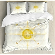 Compass Duvet Cover Set, Vintage Boating Windrose with the Face of the Sun in the Middle North South East West, Decorative 3 Piece Bedding Set with 2 Pillow Shams, King Size, Yellow, by Ambesonne