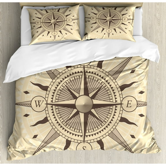 Ambesonne Compass Duvet Cover Set, Sea Exploration Theme, Calking, Tan Taupe