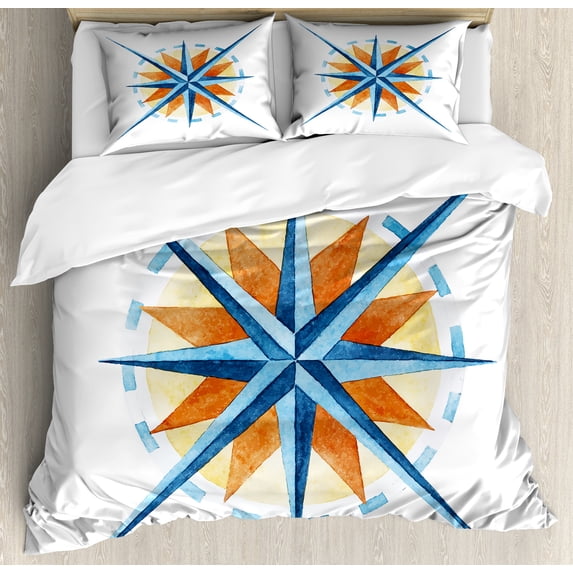 Compass Duvet Cover Set, Watercolor Directions North South East West Windrose Pathfinding Work of Art, Decorative 3 Piece Bedding Set with 2 Pillow Shams, King Size, Burnt Sienna Blue, by Ambesonne