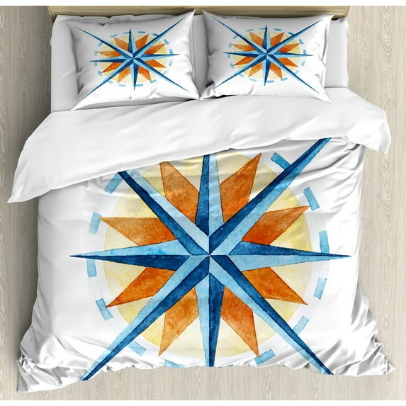 Compass Duvet Cover Set, Watercolor Directions North South East West Windrose Pathfinding Work of Art, Decorative 3 Piece Bedding Set with 2 Pillow Shams, Queen Size, Burnt Sienna Blue, by Ambesonne