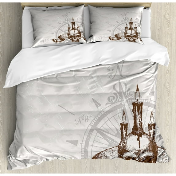 Compass Duvet Cover Set, Windrose Skull and Candles Spooky Adventure New Pirate Destinations Theme, Decorative 3 Piece Bedding Set with 2 Pillow Shams, Queen Size, Brown Pearl Grey, by Ambesonne