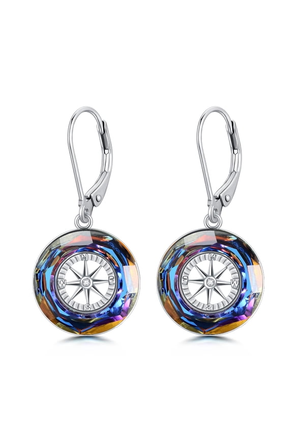 Compass Earrings Sterling Silver Circle Pendant with Color-change Volcanic Crystal, Graduation Jewelry Gifts for Her Women College Graduate