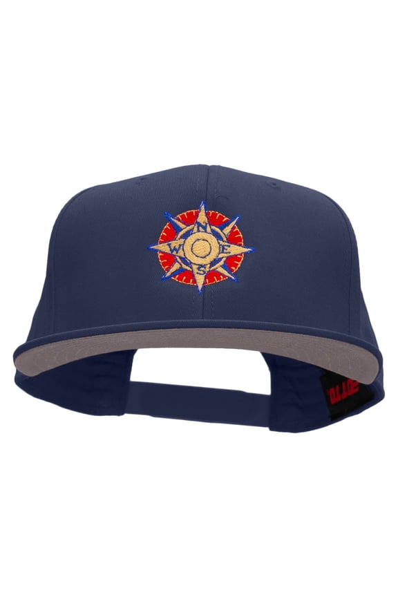 Compass Embroidered Superior Cotton Twill Flat Bill Snapback Prostyle Cap - Navy OSFM