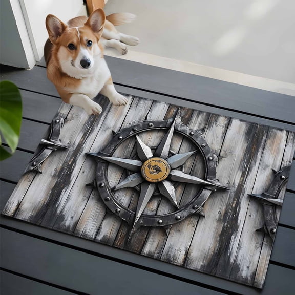 Compass Entryway Area Rug 2x3 Nautical Wood Grain Low-Profile Area Rugs with Non Slip Backing Indoor Door Mat for Entrance Living Room Bedroom Home Office