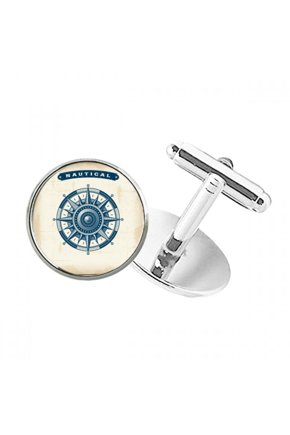 Compass Exploration Military Ocean Round Button Cuff Clip Stud Cufflinks