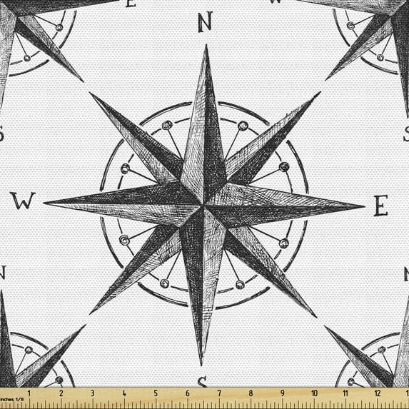 Ambesonne Compass Fabric by the Yard Upholstery, Monochrome Windrose, 1 Yard, Black White