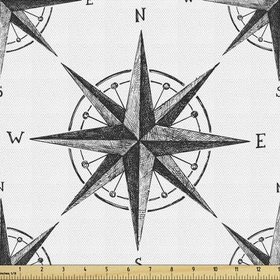 Ambesonne Compass Fabric by the Yard Upholstery, Monochrome Windrose, 10 Yards, Black White