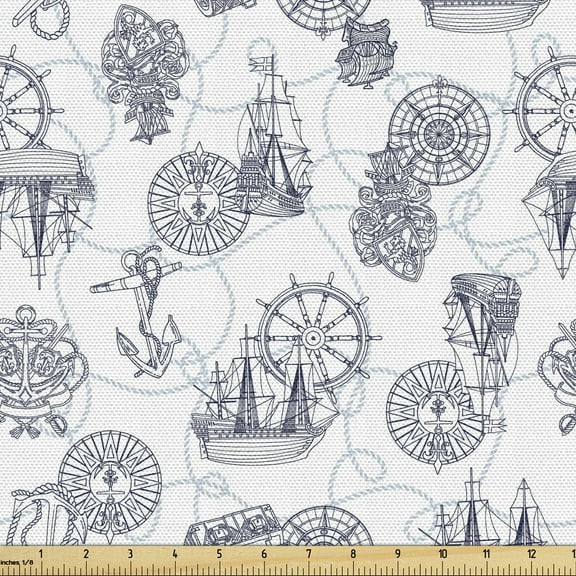 Ambesonne Compass Fabric by the Yard Upholstery, Sailing Boat Pattern, 10 Yards, Black Bluegrey White