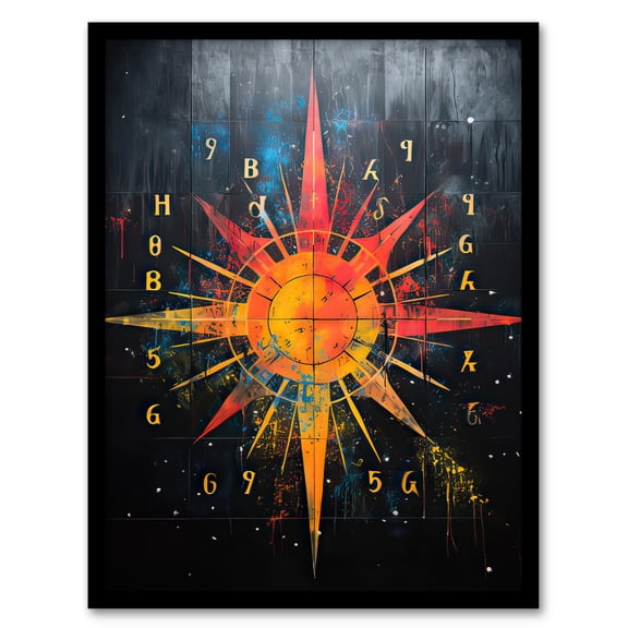 Compass Fantasy Cardinal Directions Oil Painting Orange Pink Mystical Point Symbols Star Artwork Framed Wall Art Print A4