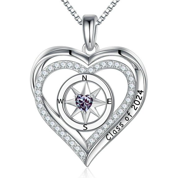 Compass Graduation Gifts for Her 2024, S925 Sterling Silver Birthstone Necklace Engraved Class of 2024 Inspirational Graduation Necklaces High School College Graduation Gifts for Her 2024