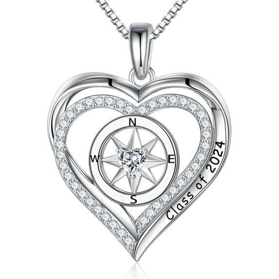 Compass Graduation Gifts for Her 2024, S925 Sterling Silver Birthstone Necklace Engraved Class of 2024 Inspirational Graduation Necklaces High School College Graduation Gifts for Her 2024