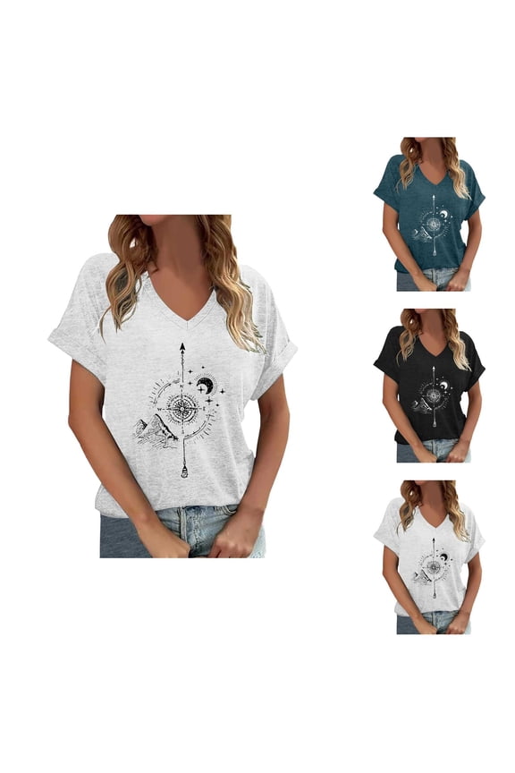 Compass Graphic Tees for Women 2026 Summer Casual Short Sleeve V Neck Hiking Camping T Shirts