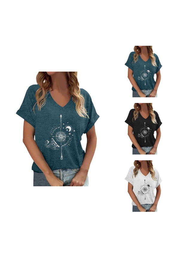 Compass Graphic Tees for Women 2026 Summer Casual Short Sleeve V Neck Hiking Camping T Shirts