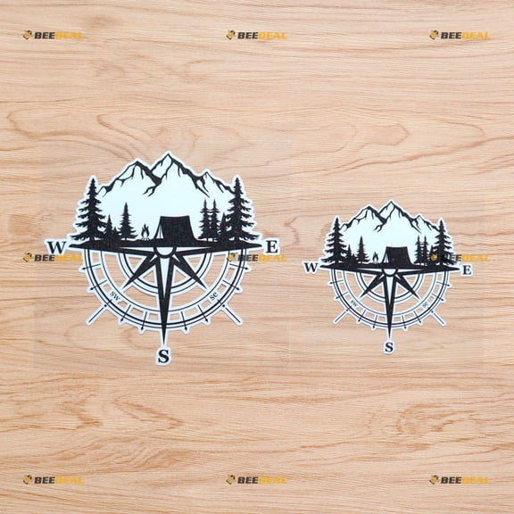 Compass Half Mountain Life Tree Wood Camping 4X4 Off Road Decal Sticker Car Truck Vinyl - 2 Pack Reflective, 5 Inches, 7 Inches - Fit for Chevy Jeep Ford Subaru White Background