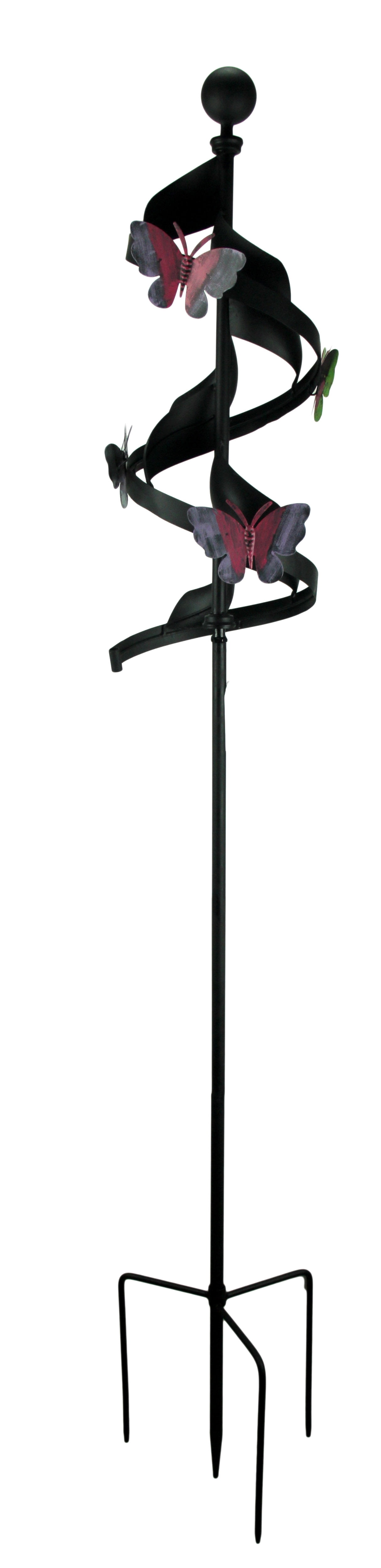 Compass Home Black Metal Ribbon Pink Butterfly Wind Spinner Garden Stake
