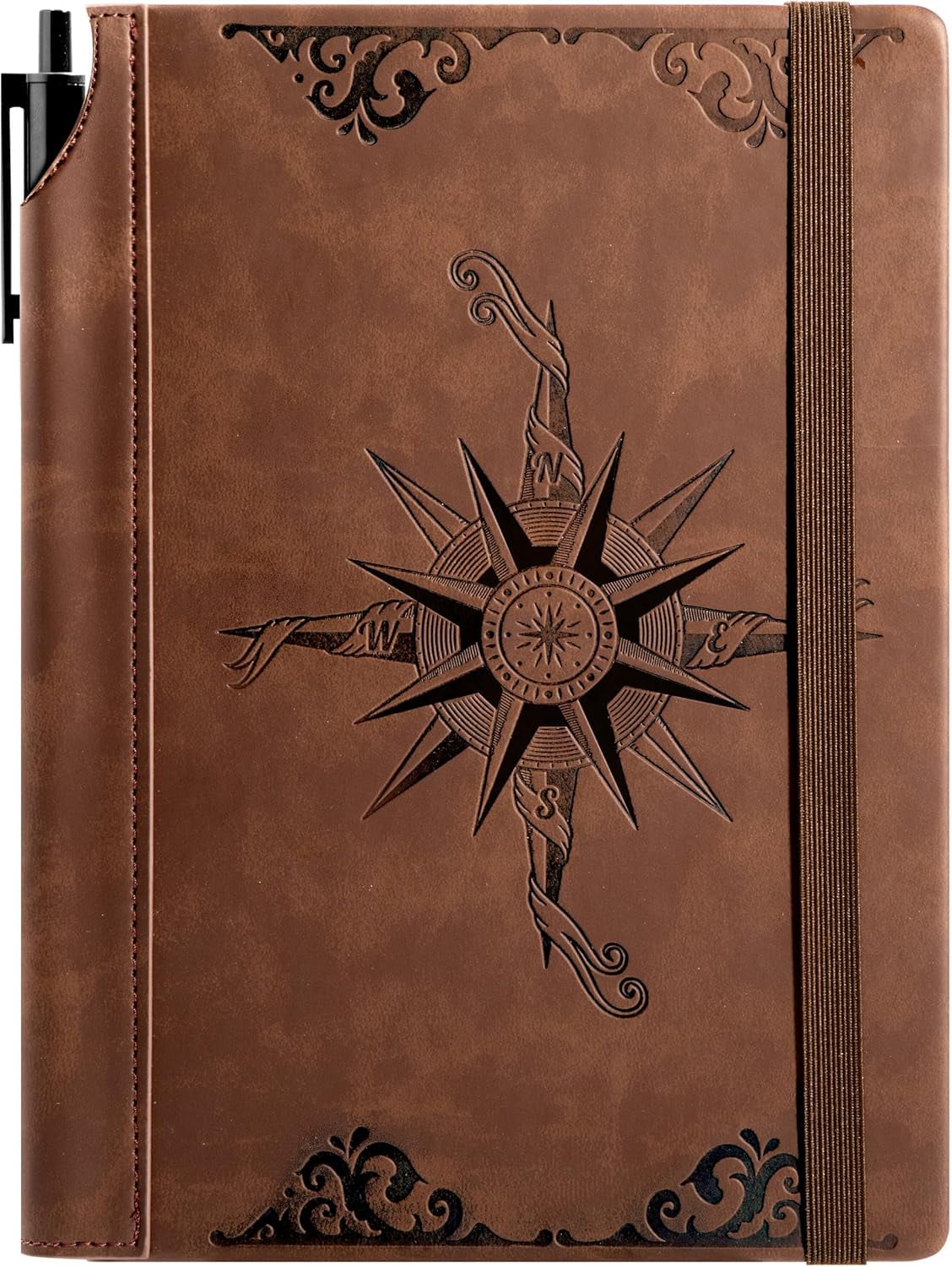 Compass Leather Notebook Journal for Men, 100 GSM 288 Pages Lined Journals for Writing, A5 Hardcover Journaling Notebooks Gift Set with Pen for Travel Office Daily Writing
