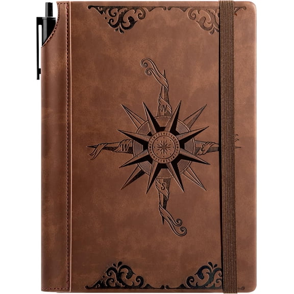 Compass Leather Notebook Journal for Men, 100 GSM 288 Pages Lined Journals for Writing, A5 Hardcover Journaling Notebooks Gift Set with Pen for Travel Office Daily Writing