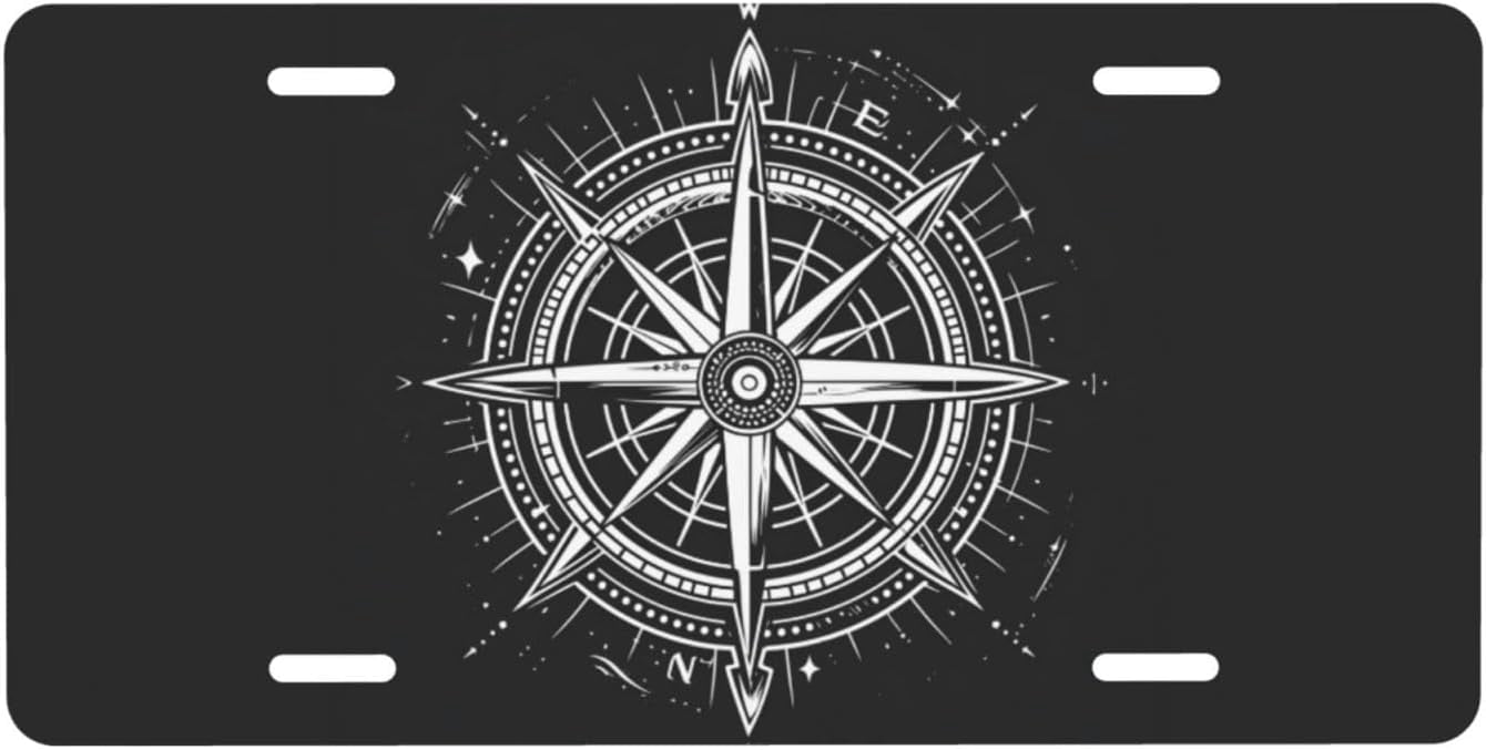 Compass License Compass with Lines On Black License Plate, Decorative Car Front License ...