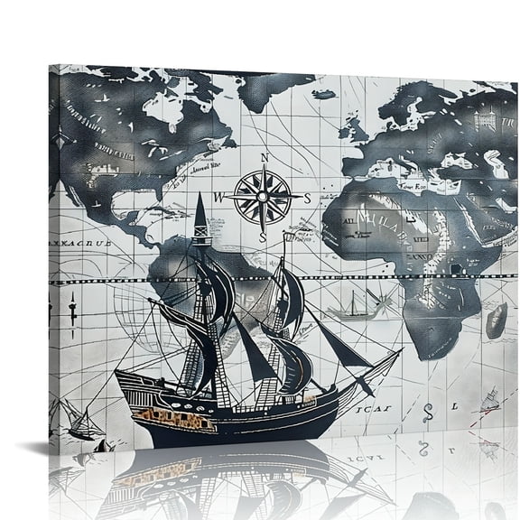 Compass Map Boat Canvas Print Wall Decorations for Home Bedroom Kitchen Office, Ready To Hang Art Decor Gift Idea 16x12in
