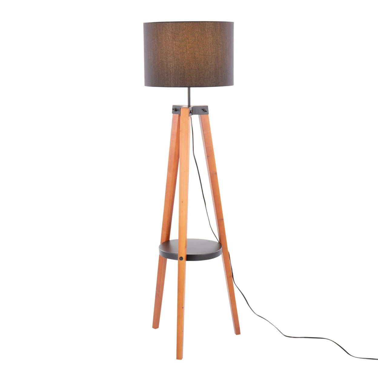 Walnut Wood Black Linen Tripod Floor Lamp with Shelf