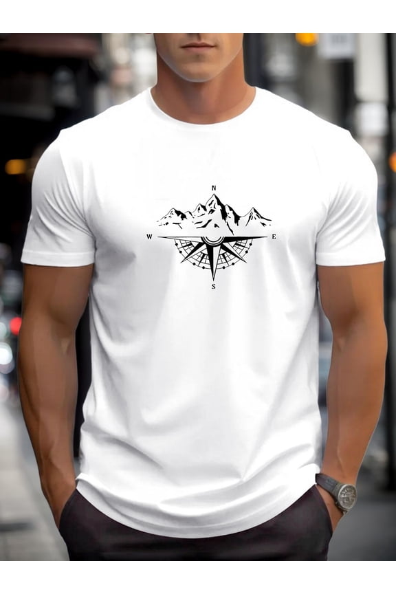 Compass Mountain Adventure Graphic 100% Cotton Men's T-Shirt, Daily Casual Wear