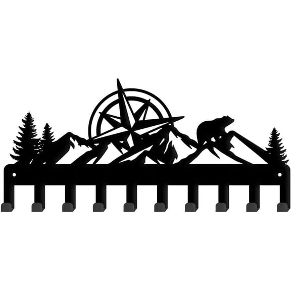 Compass Mountains Hooks Key Holder Mountain Forest Cutout Wall Mounted Door Key Organizer for Dog Leash Nature Theme Decorative Hook with Screws Art Decor for Kitchen Entryway Hat Rack Gift for DIY