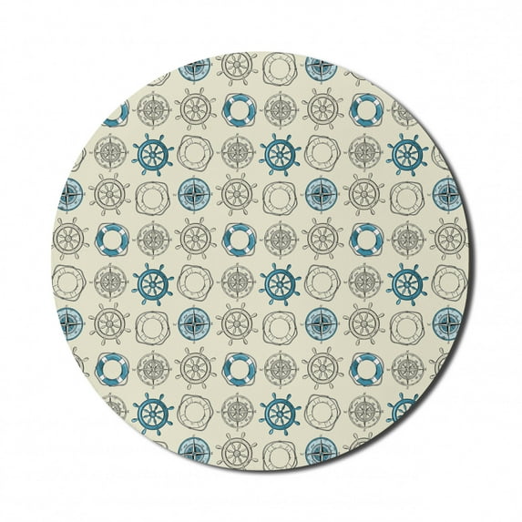 Compass Mouse Pad for Computers, Marine Themed Doodle Art Vintage Inspirations Traveling Exploration Cruise Pattern, Round Non-Slip Thick Rubber Modern Mousepad, 8" Round, Beige Teal, by Ambesonne