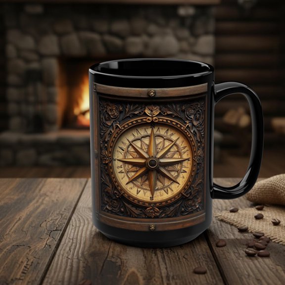 Compass Mug, Rustic Wood Style Black Adventure Travel Coffee Cup, Nautical Wanderlust Gift, Lake Boat House Cabin Decor, Navigation Mug 15oz