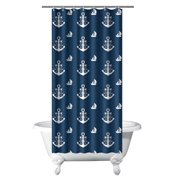 Compass Nautical Shower Curtain Featuring Anchor, Boat, Sea, Seaside Coastal Marine Ocean Waves and Lighthouse Pattern, Map Design, Waterproof Fabric Curtain with Hooks