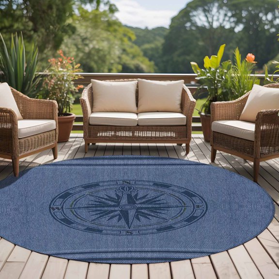 Compass Navigation 8ft Round Rug for Open Concept Living Room Seating Zone, Guide Letter Printing Washable Non Slip Large Circle Area Rug