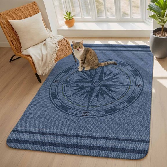 Compass Navigation Area Rugs for Living Room 5x6, Guide Letter Printing Washable Area Rug with Non Slip Backing, Stain Resist Linen Carpet for Bedroom, Dining Room, Entryway, Entrance