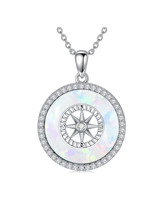 Compass Necklace 925 Sterling Silver White Opal Pendant Necklace Graduation Jewelry Gifts for Women Daughter