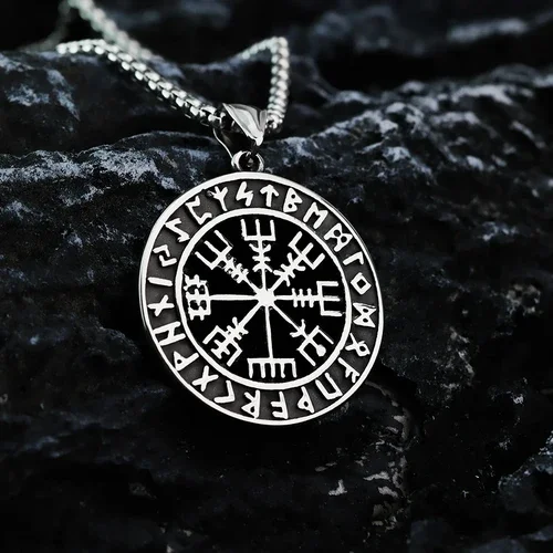 Compass Necklace Viking 14K White Gold Disk Pendant Viking Rune Vintage European and American Festival Gift
