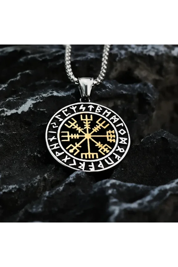 Compass Necklace Viking 14K White Gold Disk Pendant Viking Rune Vintage European and American Festival Gift