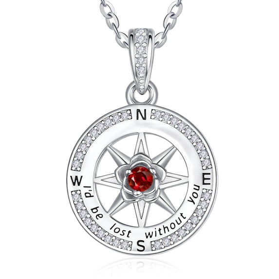 TANGPOET Compass Necklace for Women Sterling Silver I'd Be Lost Without You Compass Graduation Jewelry Gifts for Women Red Garnet Necklace January Birthstone Necklaces