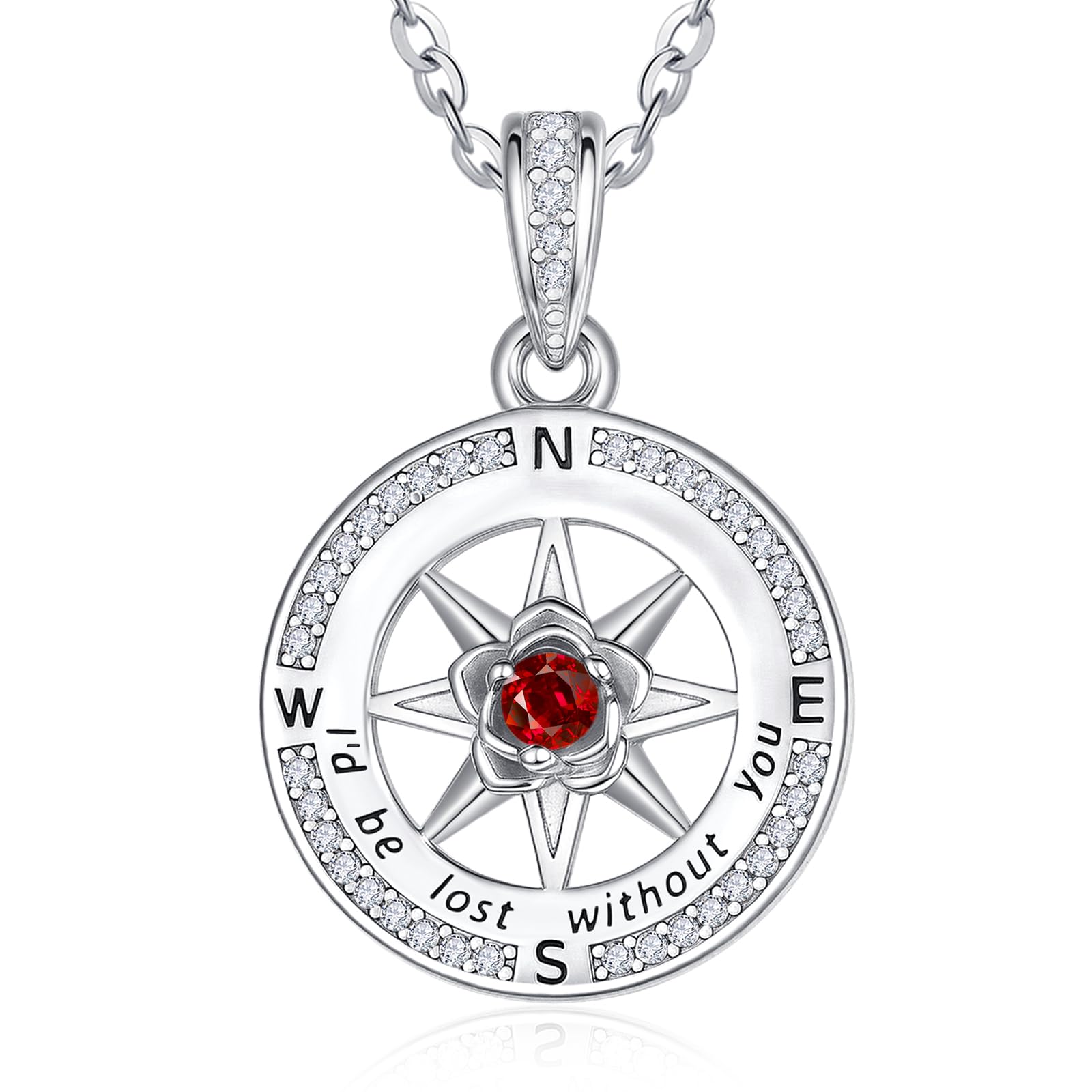 Compass Necklace for Women Sterling Silver I'd Be Lost Without You Compass Graduation Jewelry Gifts for Women Red Garnet Necklace January Birthstone Necklaces