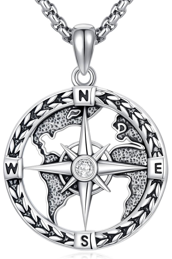 Compass Necklace for Men 925 Sterling Silver Longitude Compass World Map Necklace Graduation Gift Jewelry for Men Women