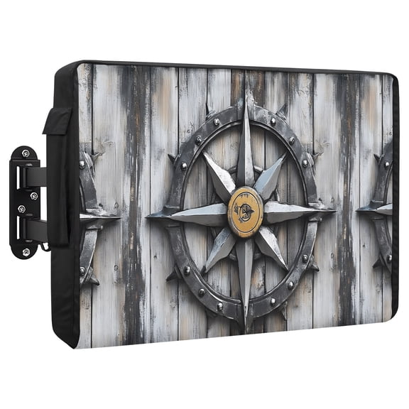 Compass Outdoor TV Cover 80 to 85 Inch Nautical Wood Grain Weatherproof and Waterproof TV Cover Heavy Duty Outside Flat TV Screen Protector with Remote Control Pocket