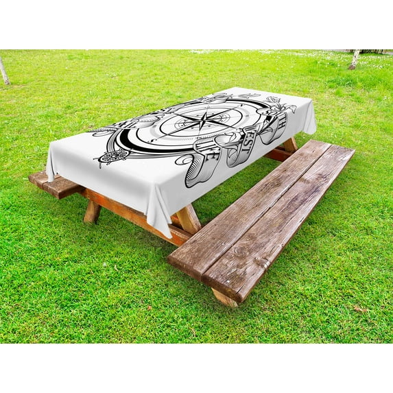 Compass Outdoor Tablecloth, Navigation Device Direction Flares Sail Life Marine Inspired Windrose Work of Art, Decorative Washable Fabric Picnic Table Cloth, 58 X 84 Inches,Black White, by Ambesonne