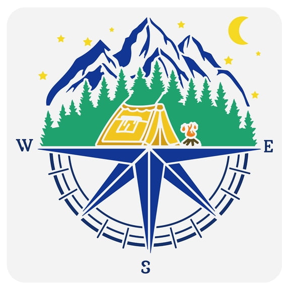 Compass Painting Stencil 11.8x11.8 inch Reusable Forest Mountain Pattern Drawing Template DIY Tent Camping Decoration Stencil for DIY