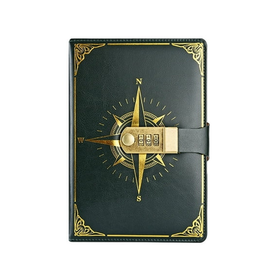Compass Pattern Password Lock Notebook A5 Diary, Combination Lock Journal with Imitation Leather Cover, 80g Paper for Writing, Ribbon Bookmark Pen Slot for Office Stationery