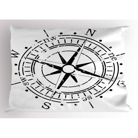 Compass Pillow Sham Black and White Windrose with Simplistic Design Direction Navigation Primitive, Decorative Standard King Size Printed Pillowcase, 36 X 20 Inches, Black White, by Ambesonne