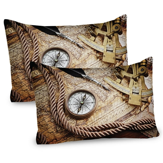 Compass Pillow Sham Set of 2, Vintage Navigation Voyage Theme Lifestyle Image with Sextant and Compass Discovery Tools, Quality Microfiber Bedding Item for All Seasons, 26" x 20", Cream, by Ambesonne