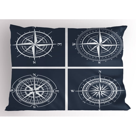 Compass Pillow Sham Set of White Compasses with Navy Blue Background Navigation Sailing Themed Art, Decorative Standard King Size Printed Pillowcase, 36 X 20 Inches, Navy Blue White, by Ambesonne