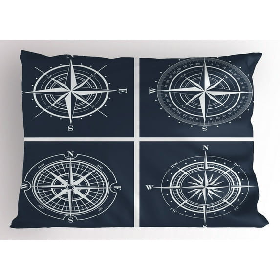 Compass Pillow Sham Set of White Compasses with Navy Blue Background Navigation Sailing Themed Art, Decorative Standard Size Printed Pillowcase, 26 X 20 Inches, Navy Blue White, by Ambesonne